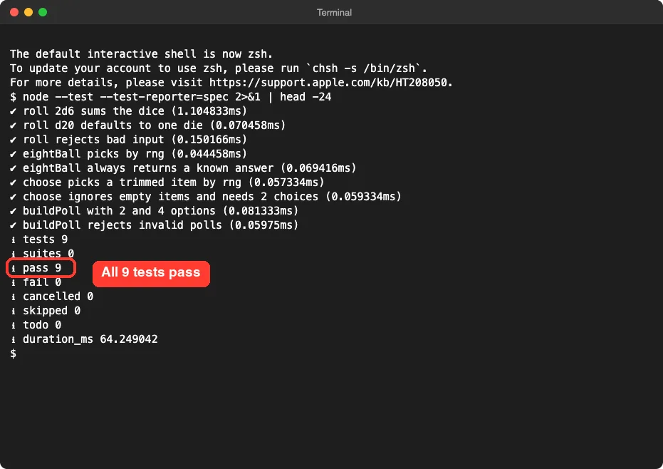 Terminal output of node --test showing nine passing tests and pass 9 highlighted