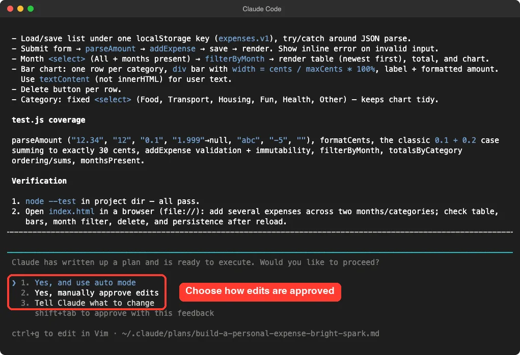 Claude Code plan screen with the approval options highlighted