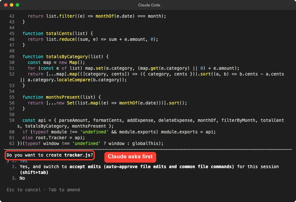 Claude Code asking whether to create tracker.js with the question highlighted