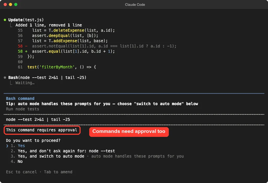 Claude Code asking for approval to run node --test with the notice highlighted