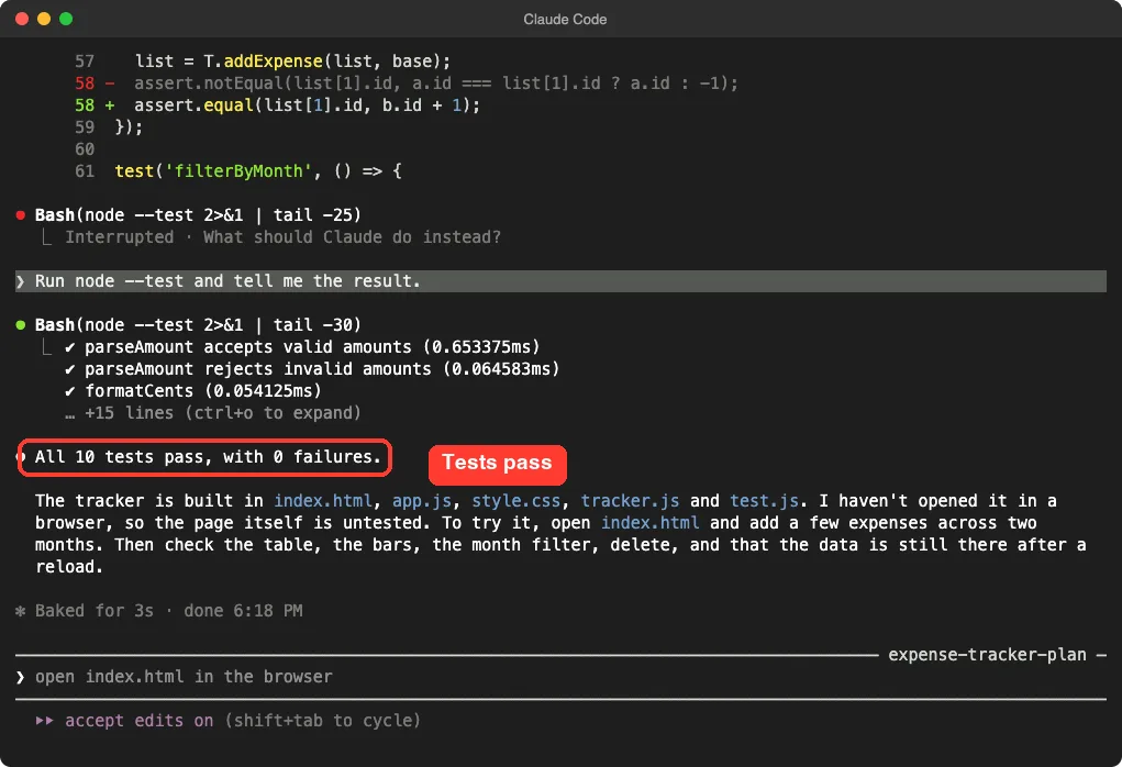 Claude Code reporting that all 10 tests pass and that the page has not been opened in a browser