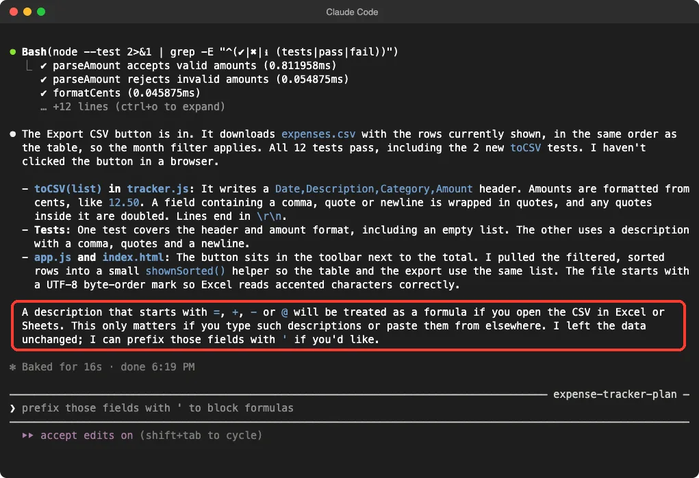 Claude Code summary of the Export CSV feature with its warning about formulas highlighted