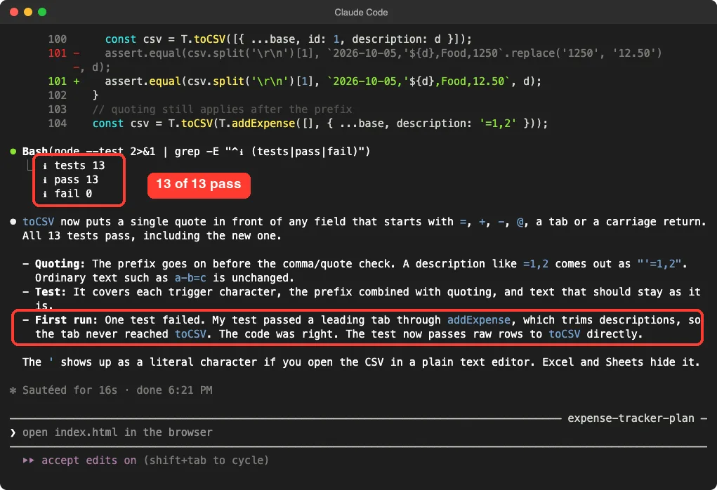 Claude Code showing 13 of 13 tests passing and explaining that one test failed on the first run