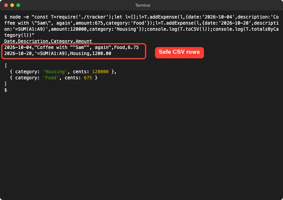 Terminal output showing CSV rows with doubled quotes and a single quote before an equals sign