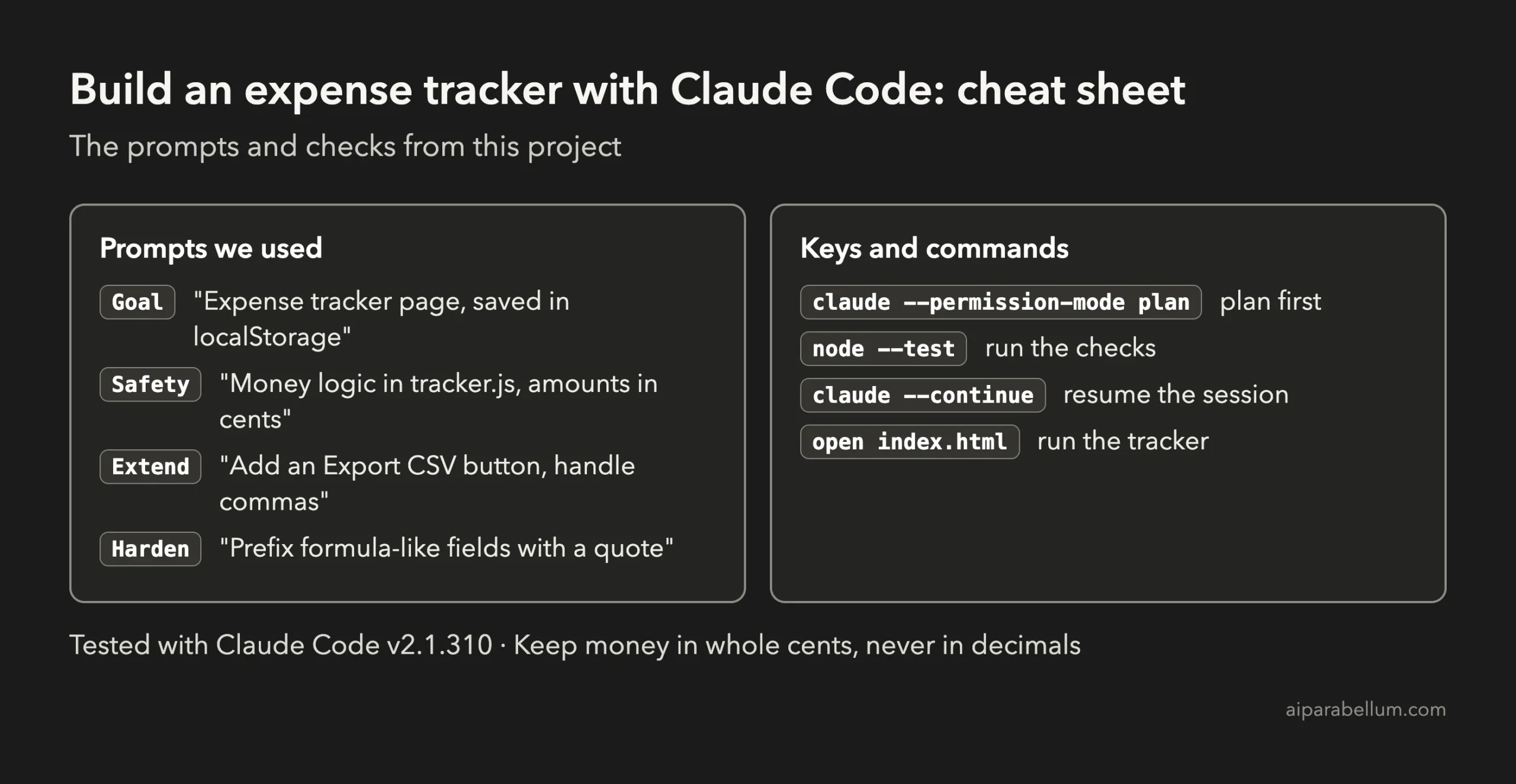 Cheat sheet with the prompts used and the key commands for building an expense tracker with Claude Code
