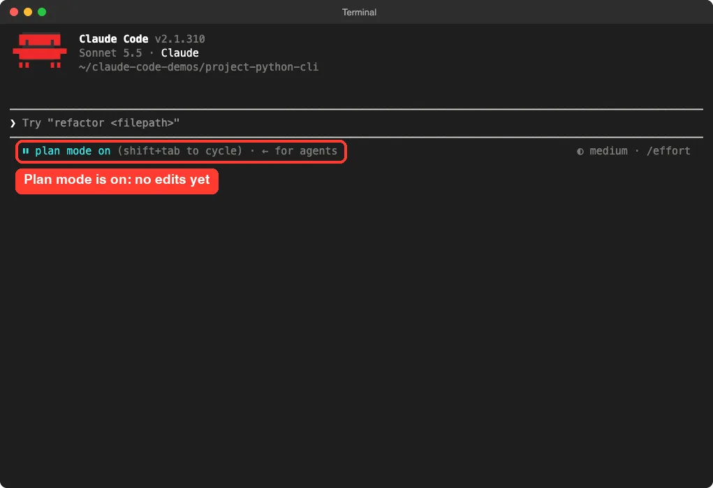 Claude Code welcome screen in the project folder with the plan mode on indicator highlighted