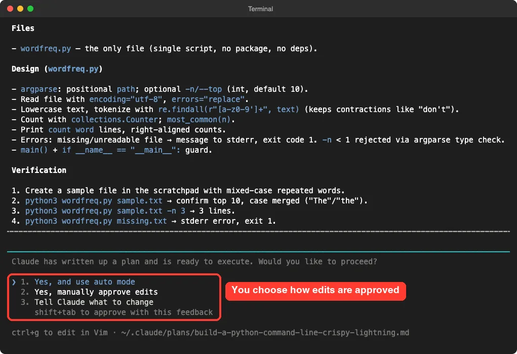 Claude Code plan with files, design and verification steps, and the approval options highlighted