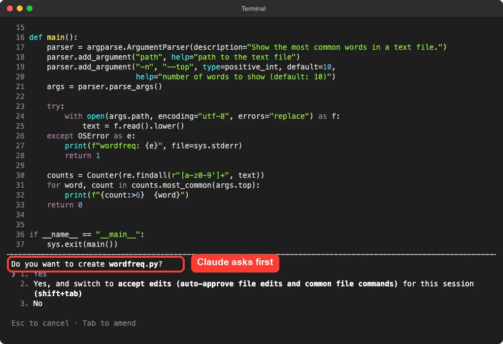 Claude Code asking whether to create wordfreq.py with the question highlighted