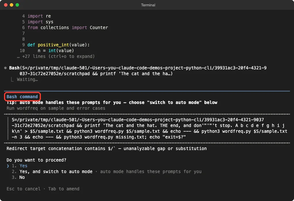 Claude Code asking permission to run a Bash command that tests wordfreq.py on a sample file