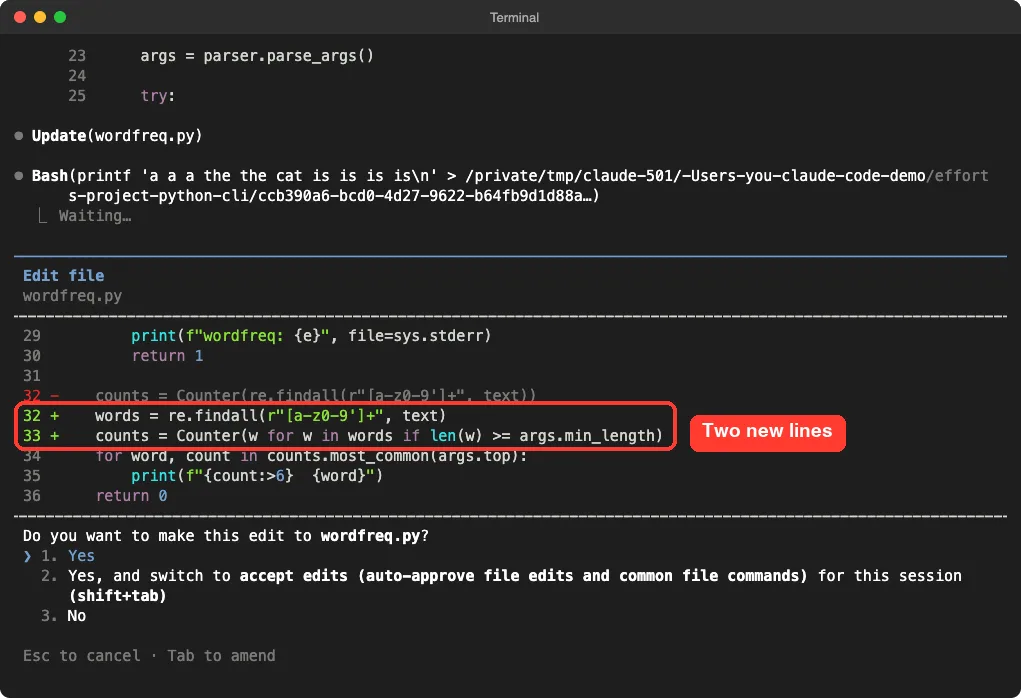 Claude Code showing a diff with two new lines that filter words by minimum length