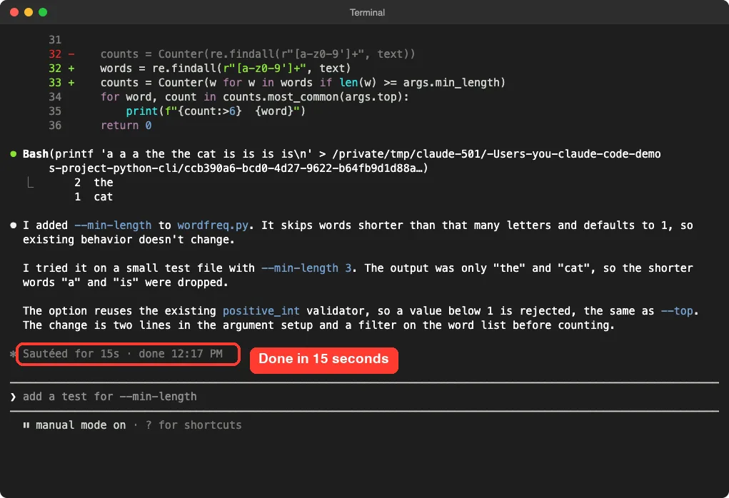 Claude Code summary of the min-length change with the completion time highlighted