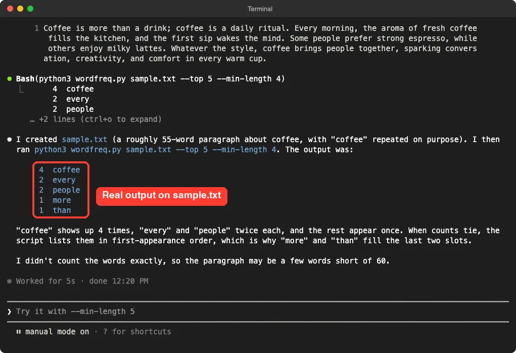 Claude Code showing the output of wordfreq.py with coffee counted four times, highlighted