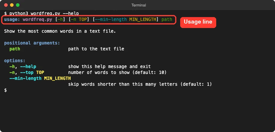 Terminal showing the wordfreq.py help screen with the usage line highlighted