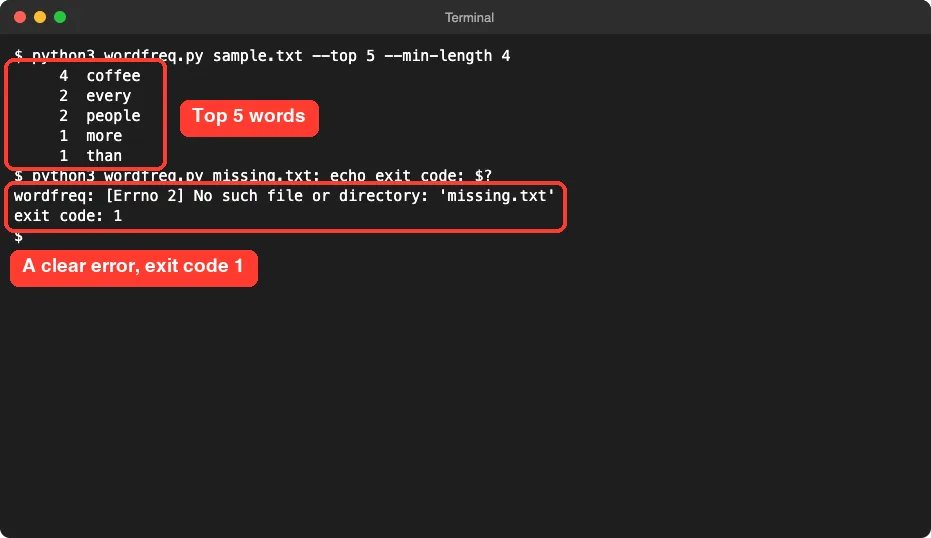 Terminal showing the top five words and a clear error for a missing file with exit code 1