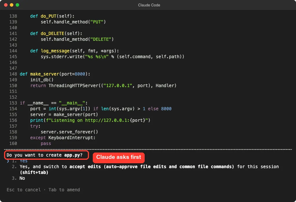 Claude Code asking whether to create app.py with the question highlighted