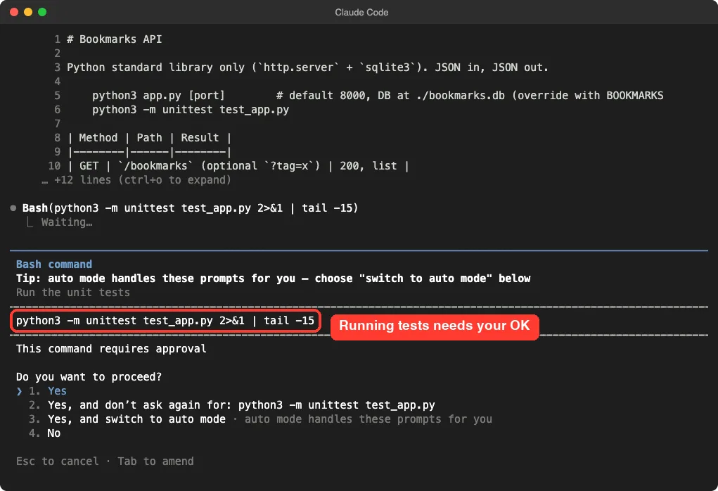 Claude Code asking for approval to run the unit tests with the command highlighted