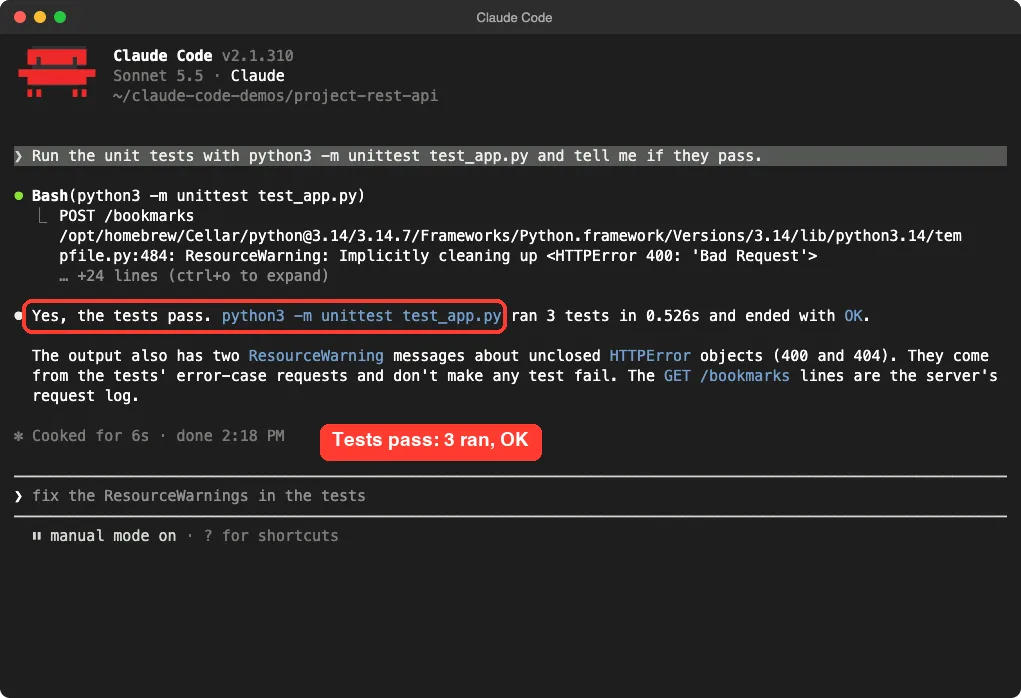 Claude Code reporting that the unit tests pass with the result line highlighted