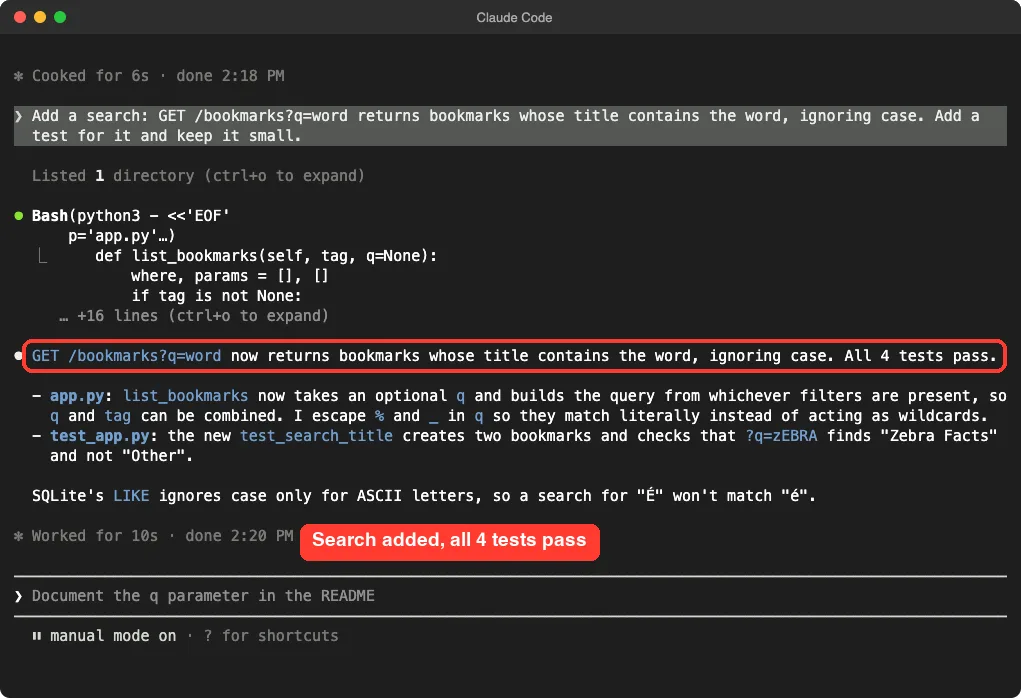 Claude Code summary of the search feature with the line saying all 4 tests pass highlighted
