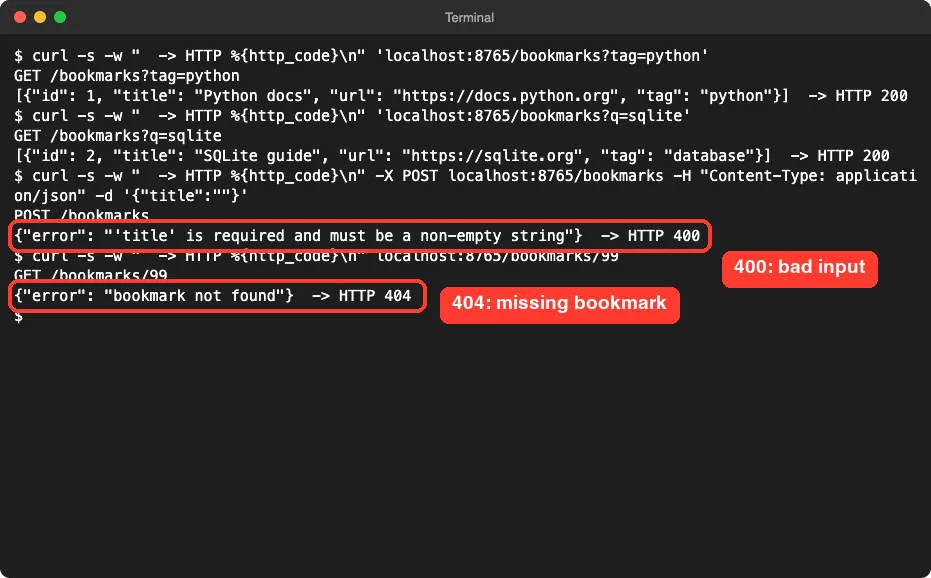 Terminal showing a tag filter, a title search, a 400 error for an empty title and a 404 error for a missing bookmark