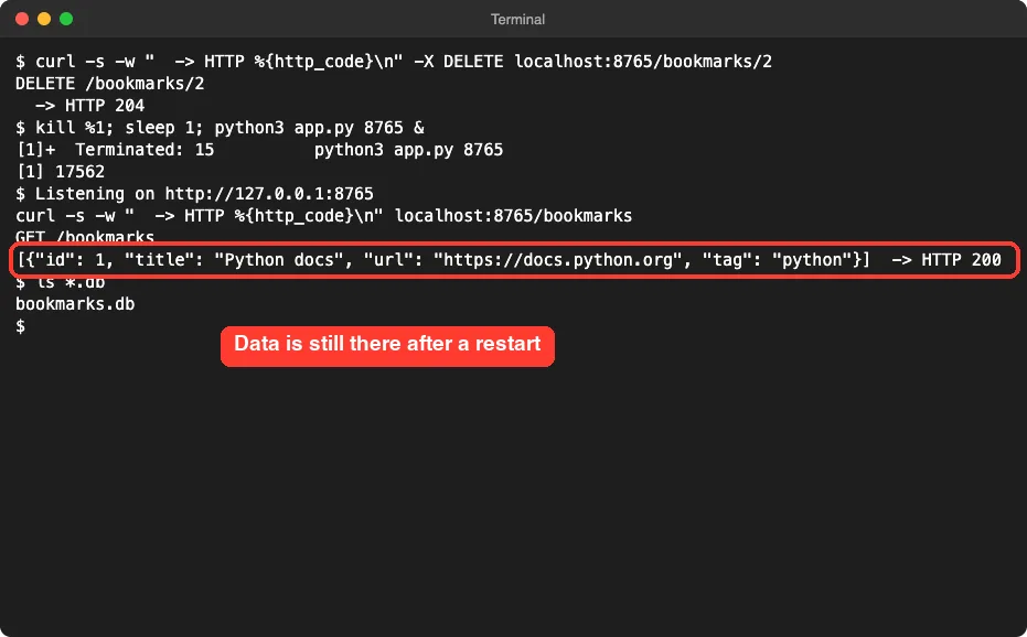 Terminal showing a delete returning 204, a server restart and the list still containing the Python docs bookmark