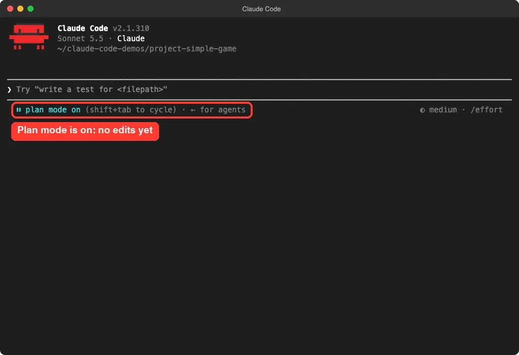 Claude Code welcome screen with the plan mode on indicator highlighted