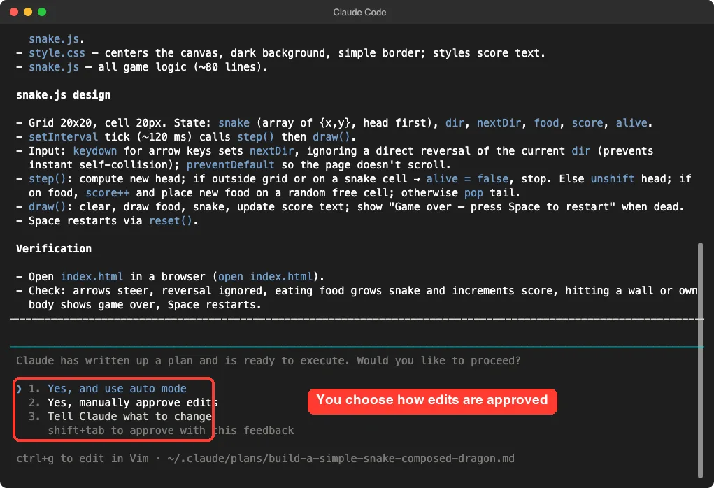 Claude Code plan screen with the approval options highlighted
