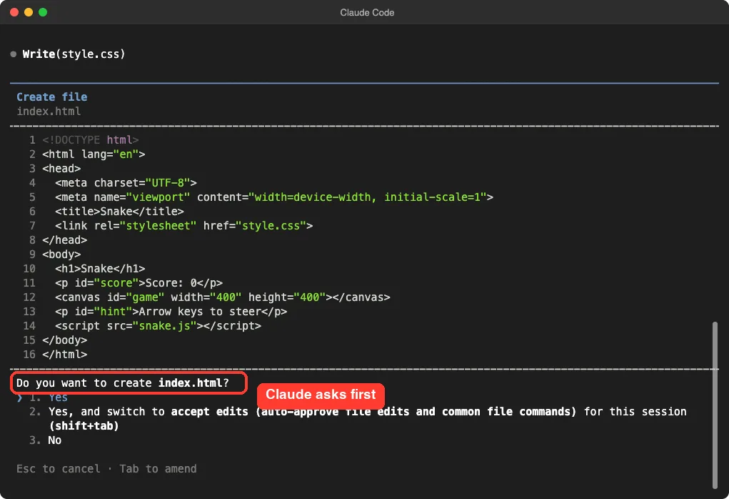 Claude Code asking whether to create index.html with the question highlighted