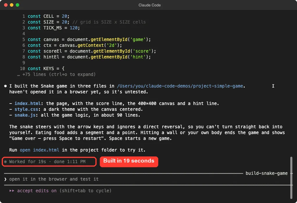 Claude Code summary of the three files it created with the build time highlighted