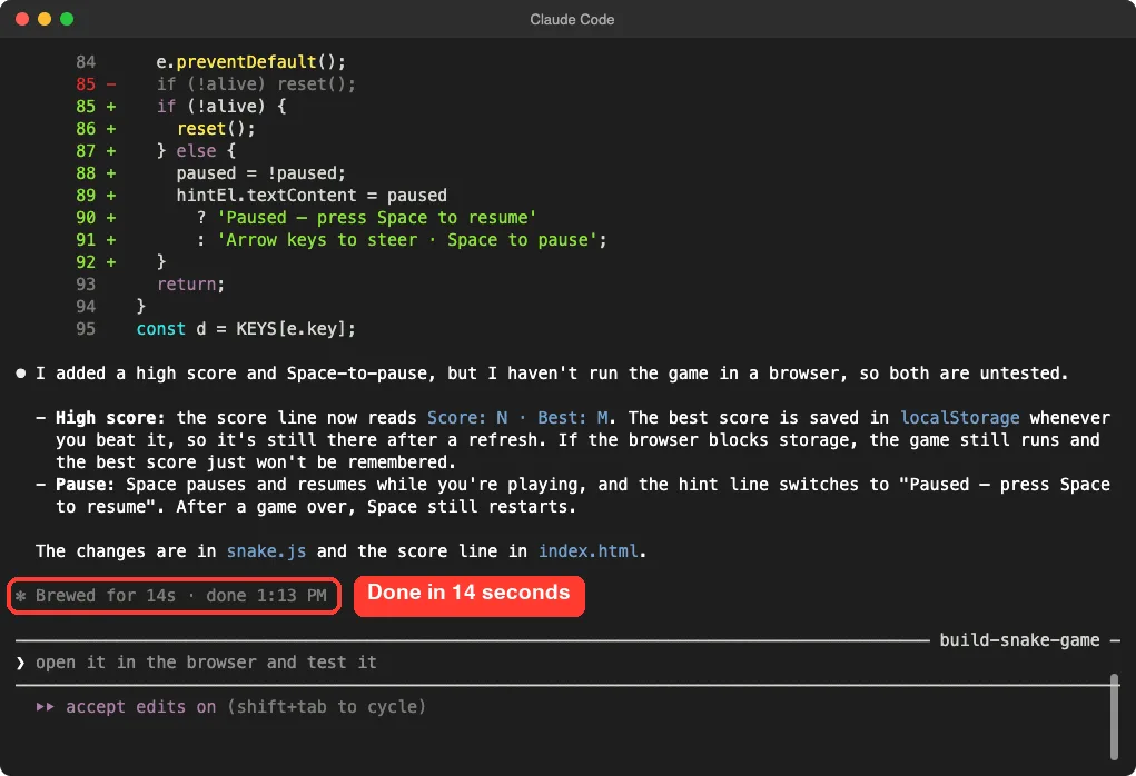 Claude Code summary of the high score and pause changes with the completion time highlighted