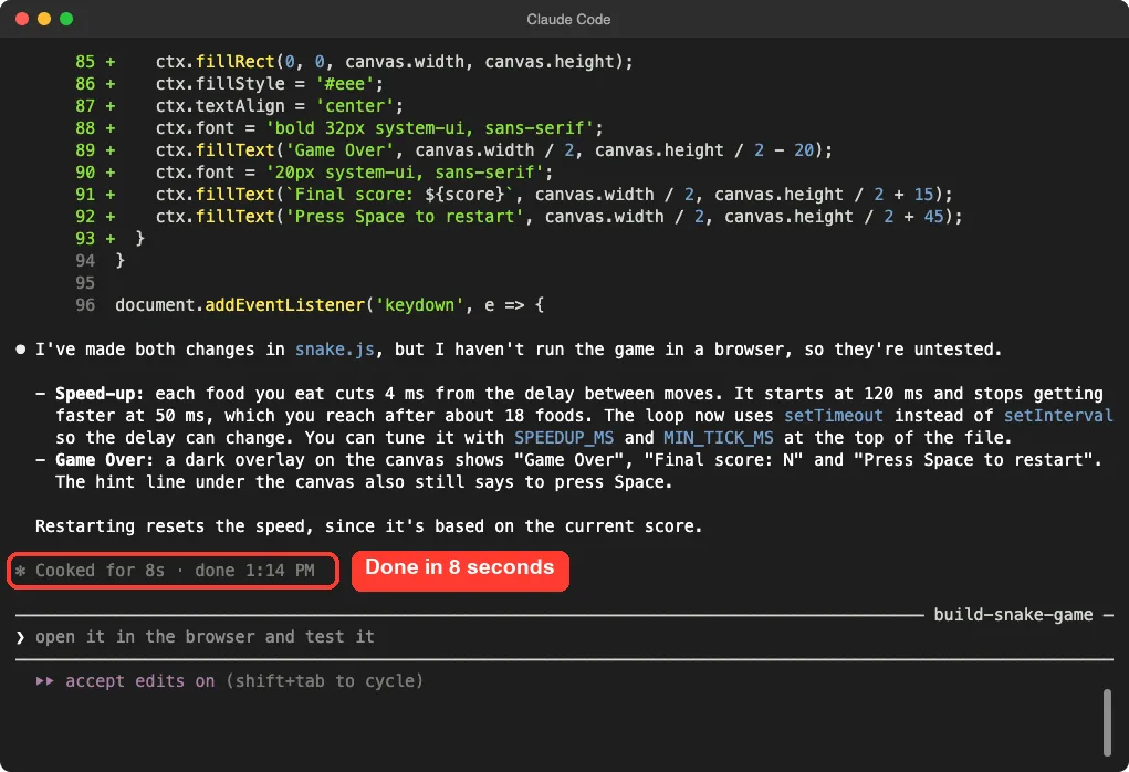Claude Code summary of the speed-up and Game Over changes with the completion time highlighted