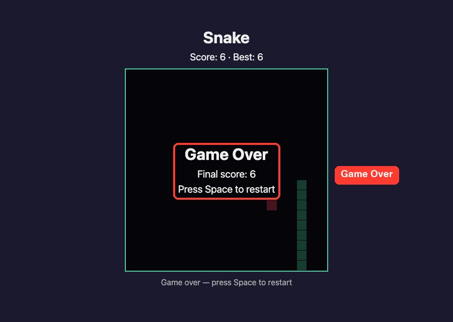 The Snake game showing a Game Over overlay with the final score of 6