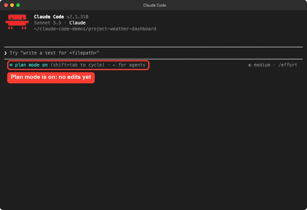 Claude Code welcome screen with the plan mode on indicator highlighted