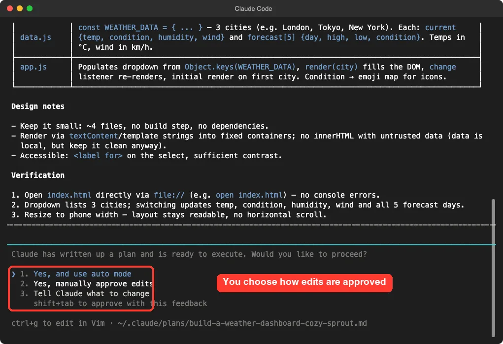 Claude Code plan with the three approval options highlighted