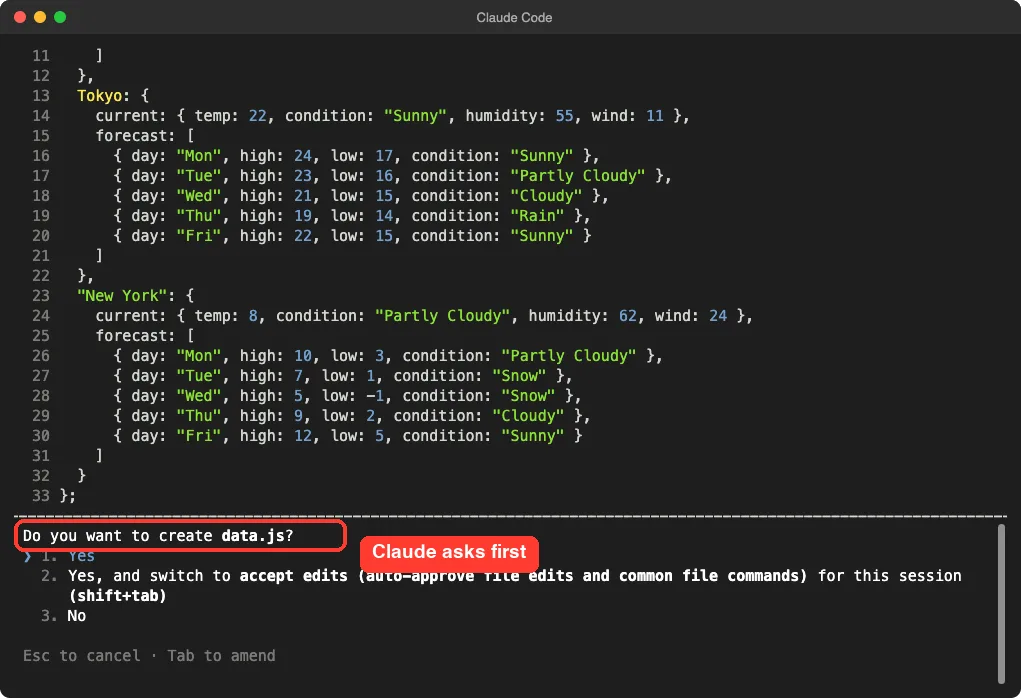 Claude Code asking whether to create data.js with the question highlighted