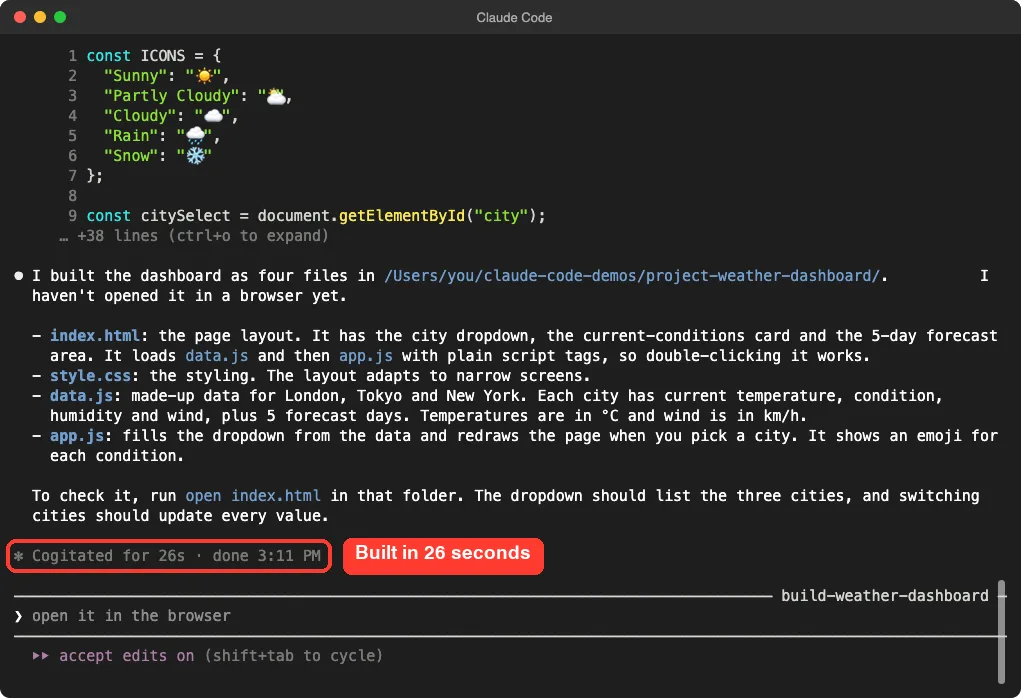 Claude Code summary of the four files it built with the time taken highlighted
