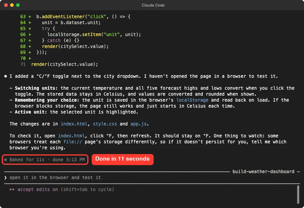 Claude Code summary of the unit toggle with the time taken highlighted