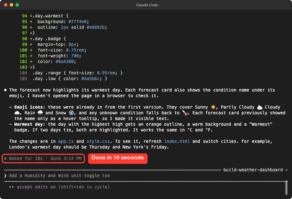 Claude Code summary of the warmest day highlight with the time taken highlighted