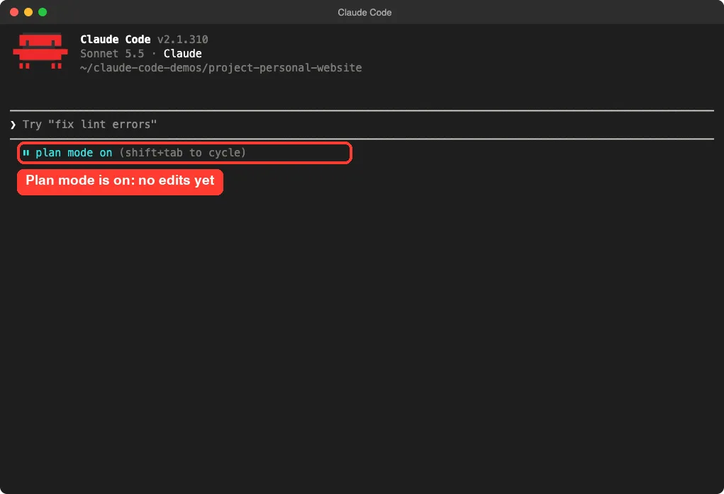 Claude Code welcome screen with the plan mode on indicator highlighted