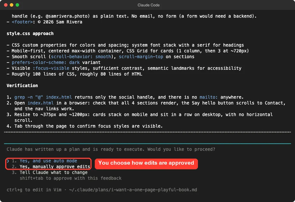 Claude Code plan screen with the approval options highlighted