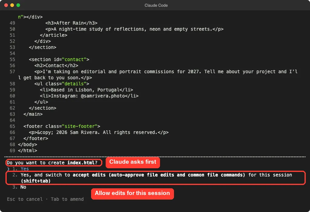 Claude Code asking whether to create index.html, with the accept edits option highlighted
