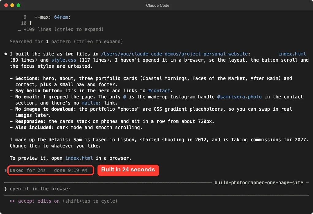 Claude Code summary of the finished site with the build time highlighted