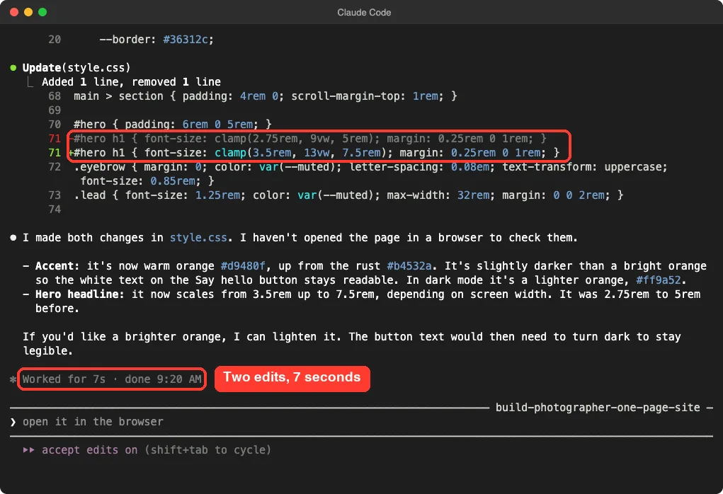 Claude Code showing a CSS diff that makes the hero headline larger