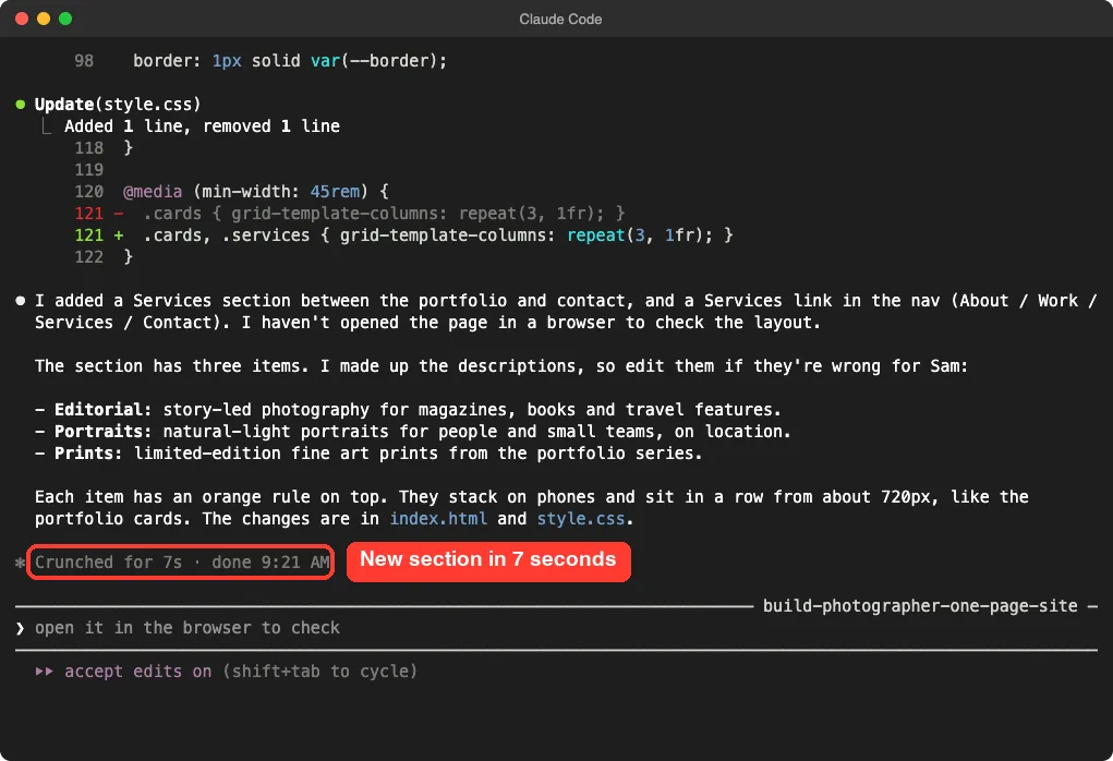 Claude Code summary of the new Services section with the completion time highlighted