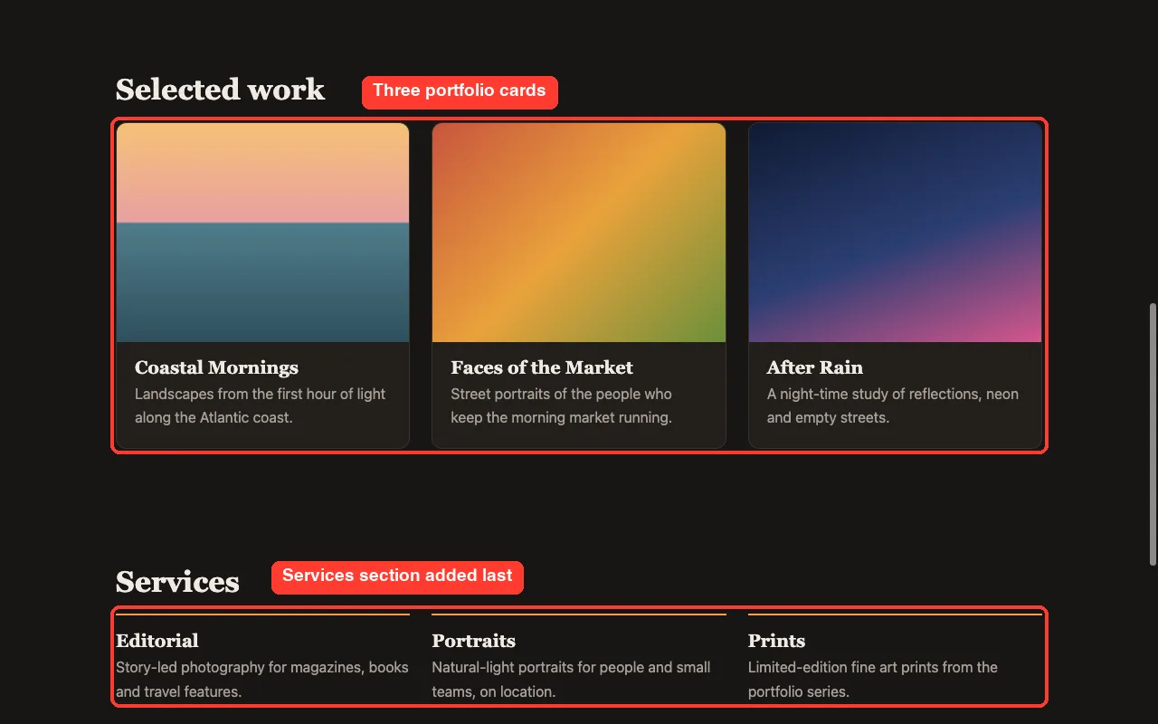 The portfolio cards and services section of the website, highlighted in red