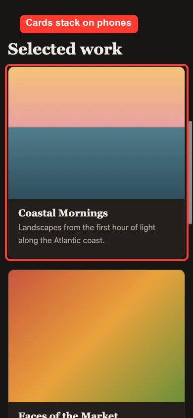 The website on a narrow phone-sized screen with cards stacked in one column