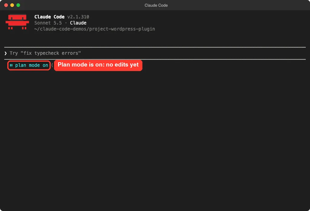 Claude Code welcome screen with the plan mode on indicator highlighted