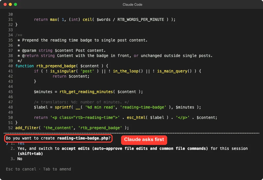 Claude Code asking whether to create reading-time-badge.php with the question highlighted