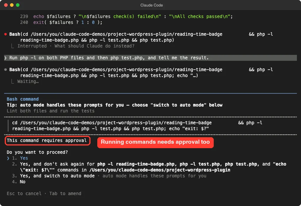 Claude Code asking for approval to run a command with the approval notice highlighted