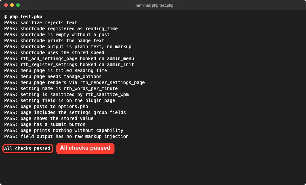 Terminal output of php test.php showing PASS lines and All checks passed