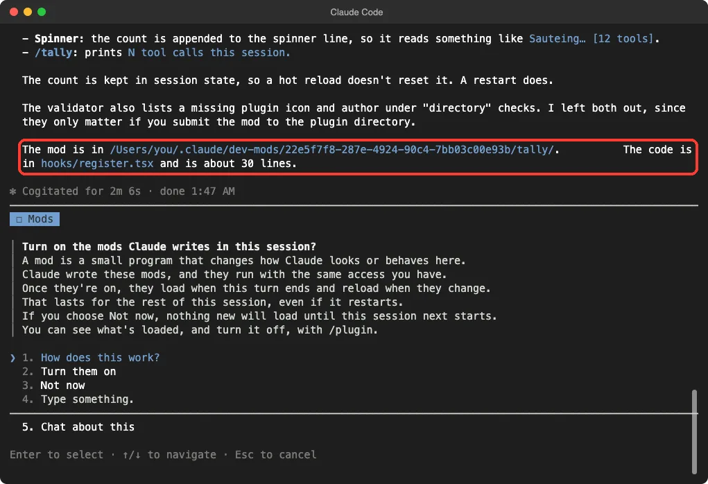Claude Code terminal showing Claude's summary of the finished tally mod and the Mods question below it